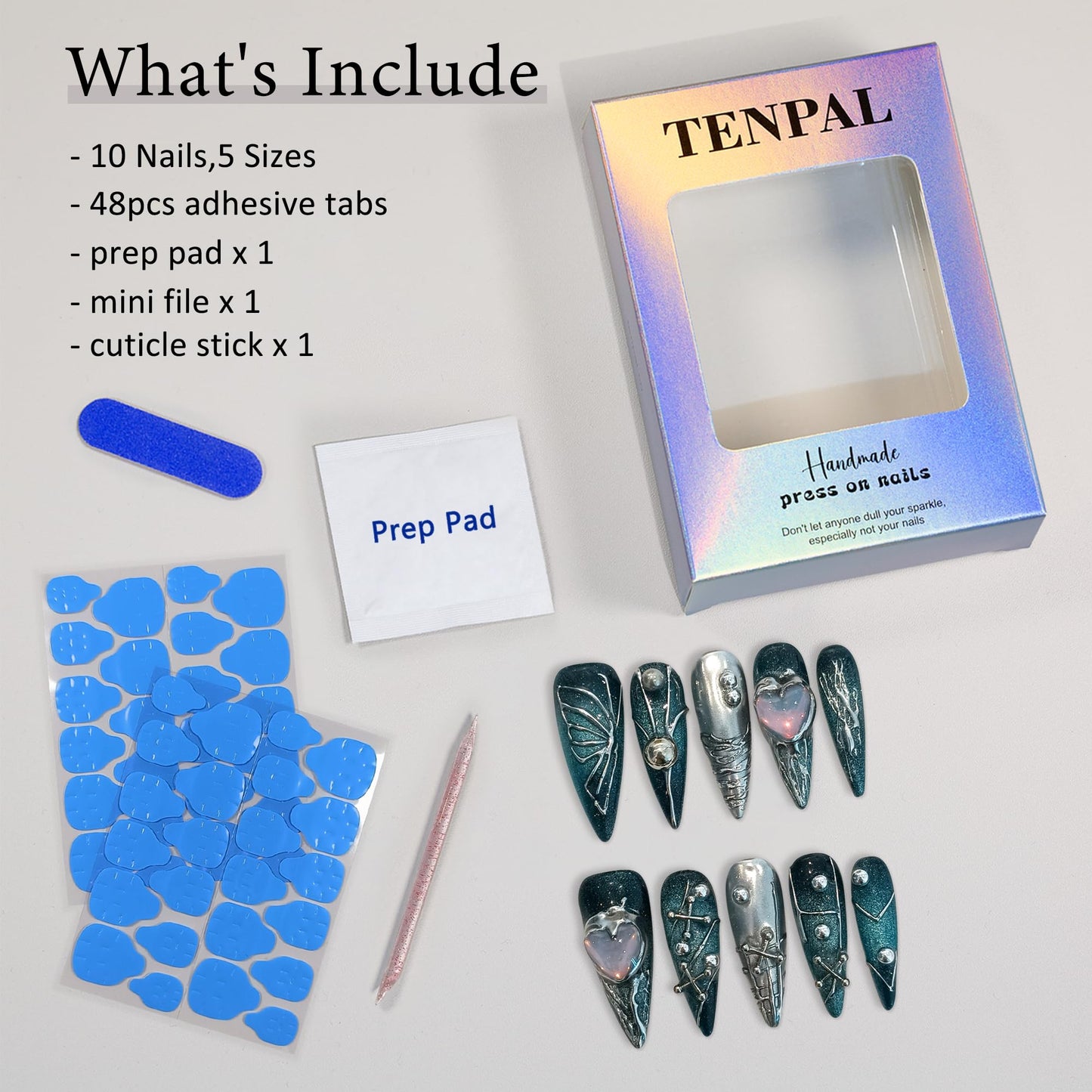 TENPAL Handmade Press on Nails Long Stiletto,Galaxy Ombre Blue-Black Fake Nails with 3D Butterflies Cross Beads Gem Stones,Edgy Y2K Metal Embossed Meteor Glitter Design Salon False Nail Kit 10pcs(M)