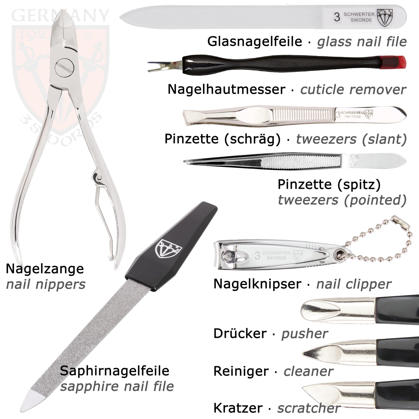 3 Swords Germany – brand quality 12 piece manicure pedicure grooming kit set for professional finger & toe nail care with ostrich synthetic leather case - Made in Germany