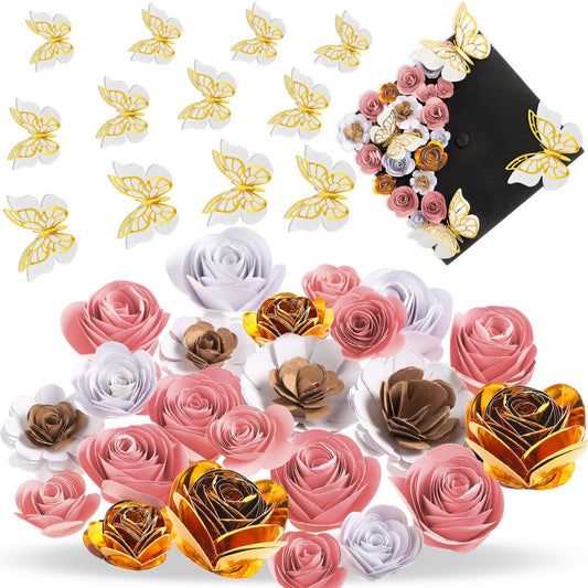 Dinifee 36 Pcs DIY Graduation Cap Decorations Accessory Kit Include Faux Paper Flower Heads 3D Butterfly Grad Cap Mini Paper Flowers Decorations for Grad Cap Topper DIY Graduation Gift(Pink, Gold)