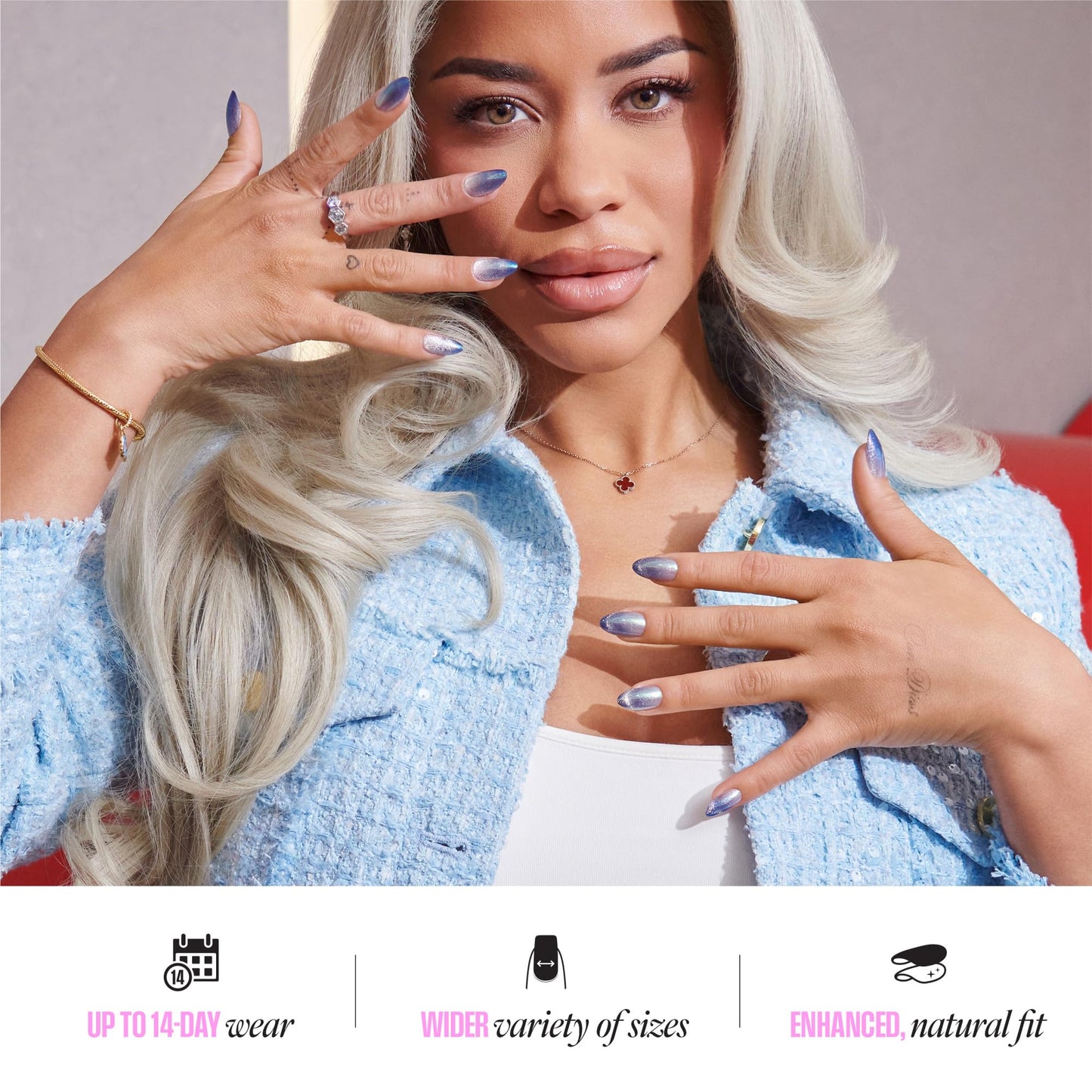 Kiss Glam, Press On Nails, Nail glue included, 'Glow Forever', Blue, Medium Size, Almond Shape, Includes 32 Nails, 2g Glue, 1 Manicure Stick, 1 Mini File