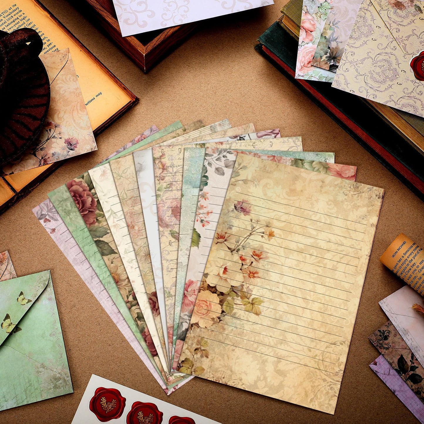 TaoBary 160 Pcs Stationery Paper Set 50 Double Sided Stationery Papers with 50 Matching Envelopes and 60 Round Dot Sticker, 10 Design(Vintage Floral,5.5 x 8.25 Inch)