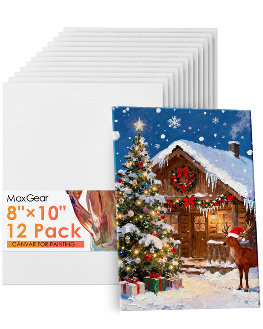 MaxGear Canvas for Painting, 12 Pack 8x10 Painting Canvas Boards, Art Supplies for Christmas Decoration - 100% Cotton Primed Canvases for Painting Acrylic, Oil, Watercolor, Tempera
