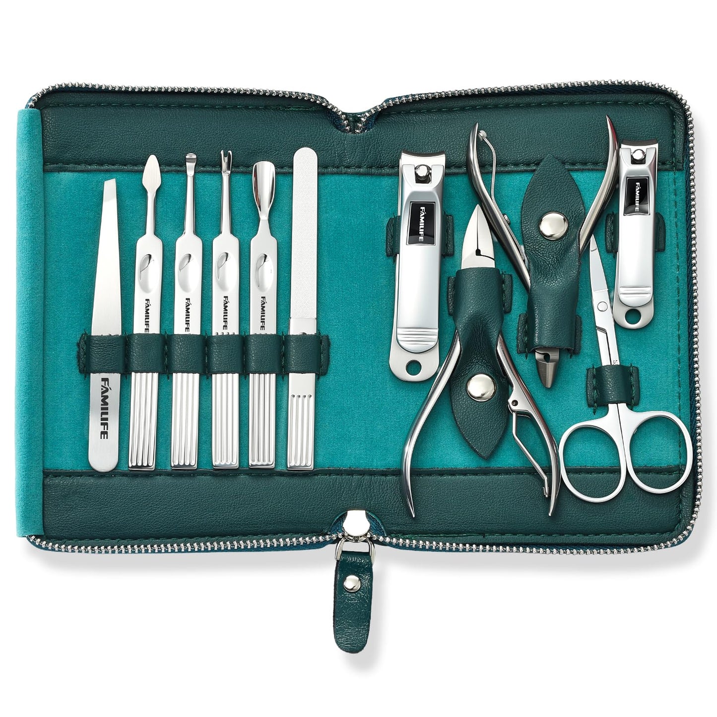 FAMILIFE Nail Kit, Professional Manicure Set Manicure Kit, 11 in 1 Stainless Steel Nail Clippers Set Pedicure Tools, Men Grooming Tool with Portable Blue Leather Travel Case Luxury Gifts for Him