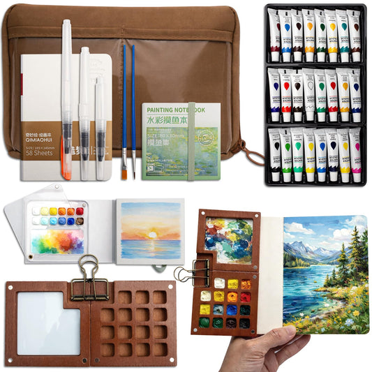 Mini Watercolor Paint Set, Portable Travel Kit with Pocket Painting Palette, 24 Colors, Small Sketchbook, Water Brush Pens & Carrying Case for Art Lovers