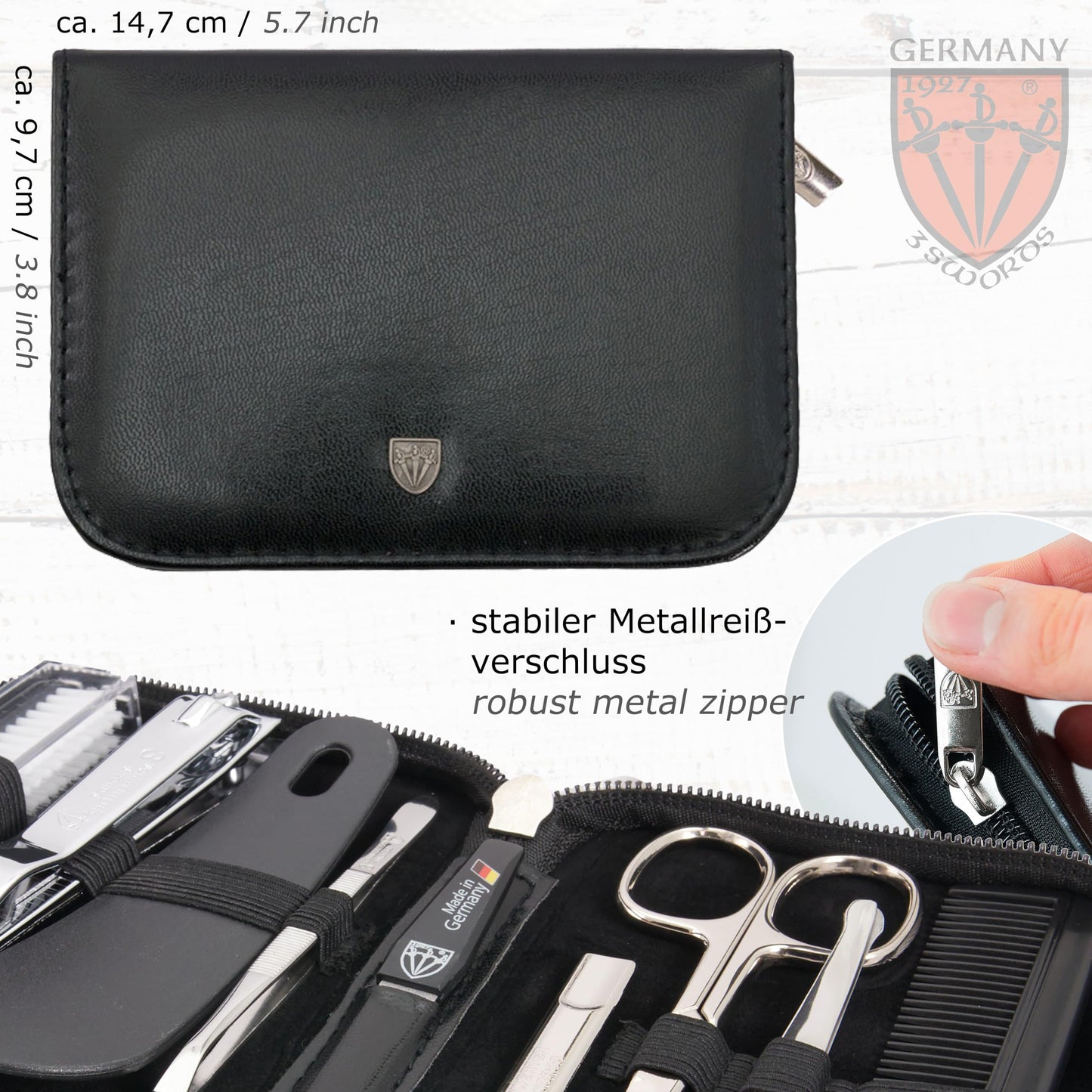 3 Swords Germany - brand quality 10 piece manicure pedicure grooming kit set for professional finger & toe nail care tweezers file clipper fashion leather case in gift box, Made by 3 Swords (02570 )