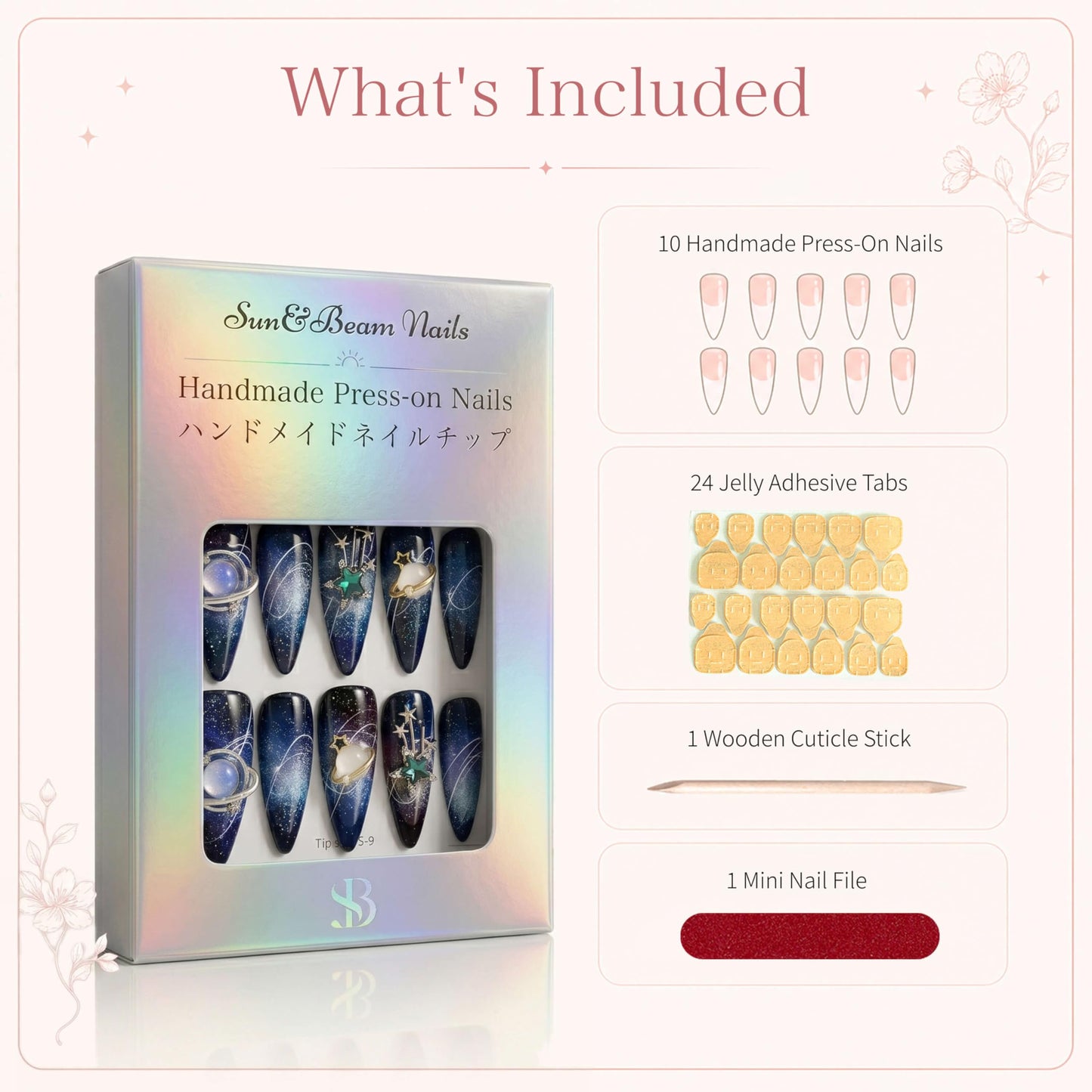Sun&Beam Nails Handmade Press On Nail Short Round Hand-painted Golden Flowers Acrylic Fake Tip Design Art Charms Cute with Storage Box 10 Pcs (#005 S)