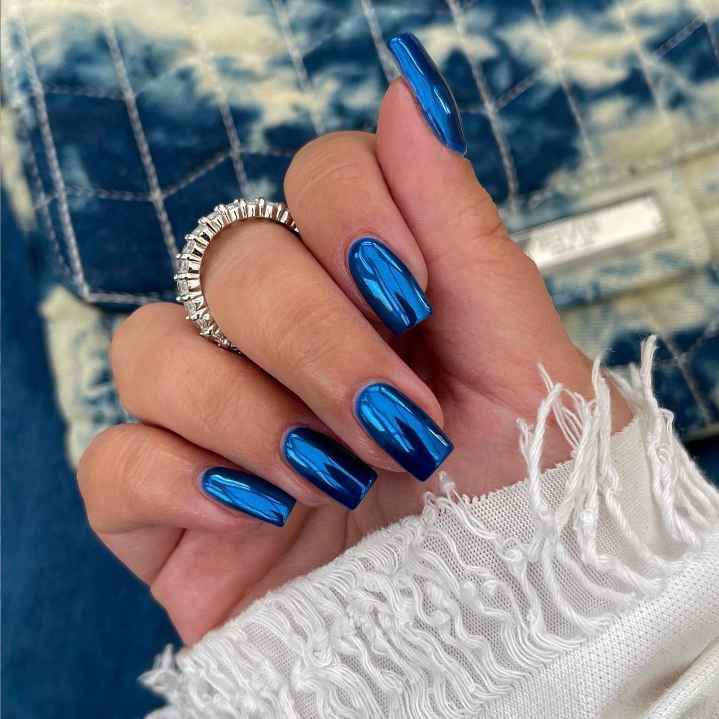 KQueenest Royal Blue Chrome Press on Nails Short Medium Square Metallic Fake Nails Glitter Glue on Nails Short Medium Mirror False Acrylic Nails Press Ons Natural Stick on Nails for Women 24 Pcs