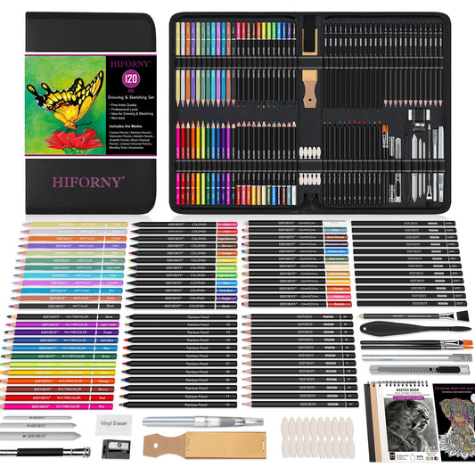HIFORNY 120 PCS Drawing Set Sketching Kit, Art Supplies with 3-Color Sketchbook,Coloring Book,Rainbow,Colored,Watercolor,Metallic,Graphite,Black & Colored Charcoal Pencils,Blending Tools and More