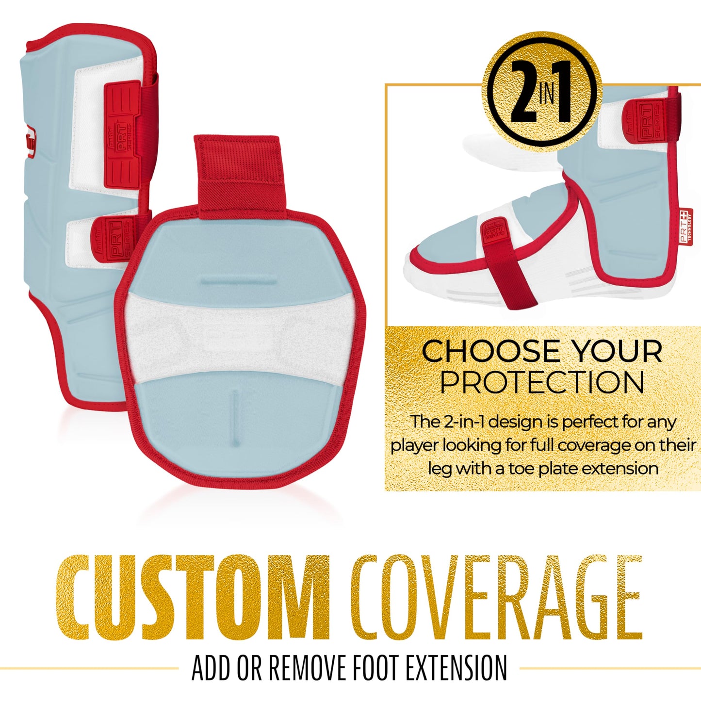Franklin Sports Baseball + Softball Leg Guard - PRT Series Youth Shin + Foot Shield for Batting - Protective Leg + Ankle Guard with Toe Plate - Right Hand + Left Hand Hitters - Caroline Blue/Red
