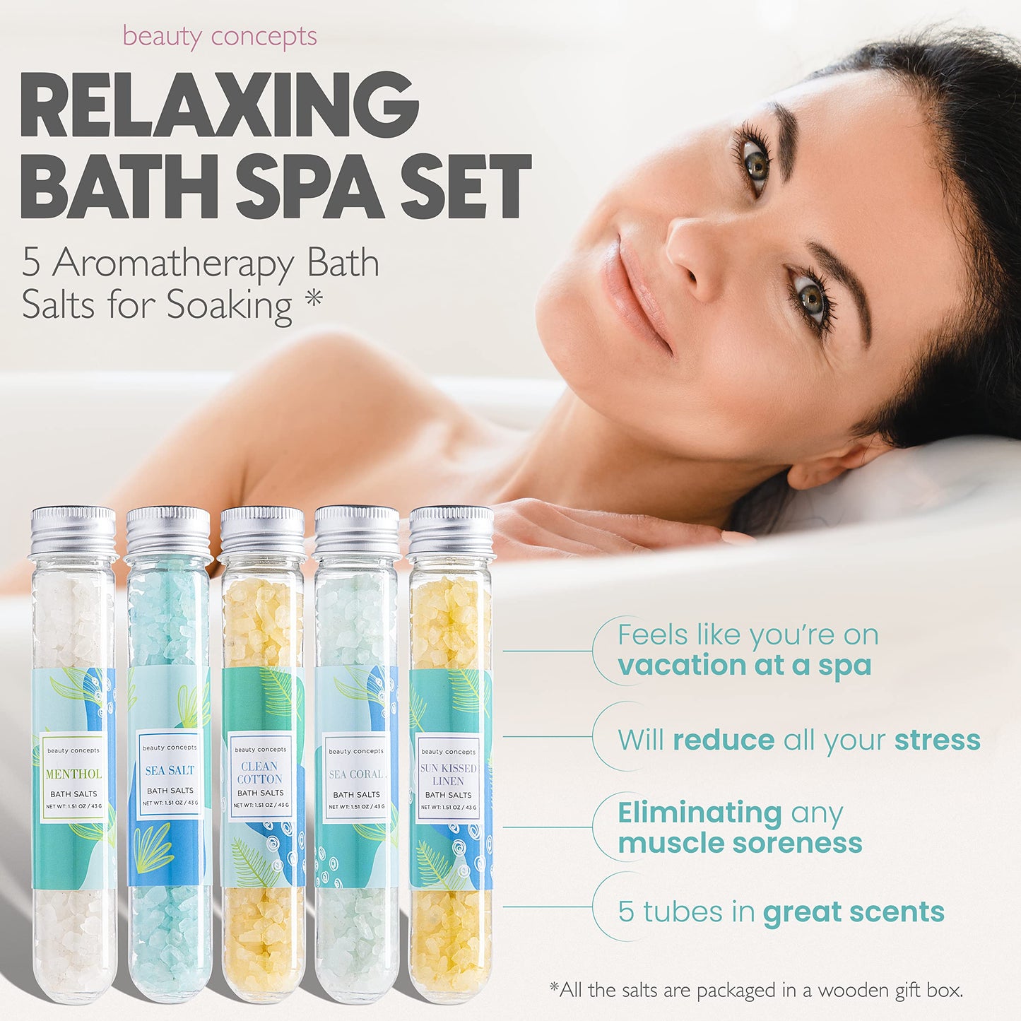 B.C. Beauty Concepts Aromatherapy Bath Salts- Epsom Salts for Soaking, Relaxing Bath Spa Set, Scented in Vanilla Almond, Shea Butter, Sweet Mint, Honey Rose, and Lavender, Relaxing Beach