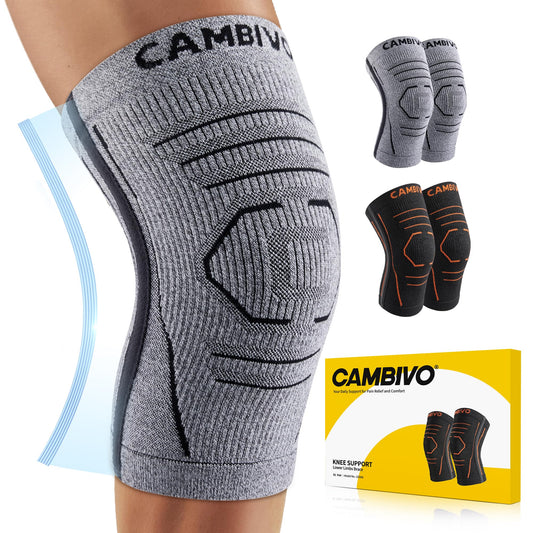 CAMBIVO 2 Pack Knee Brace for Women & Men, Latex Free & Silicone Free Compression Knee Sleeves with Side Stabilizers, Lightweight Knee Support for Arthritis, Meniscus, Walking, Running (Gray, Large)