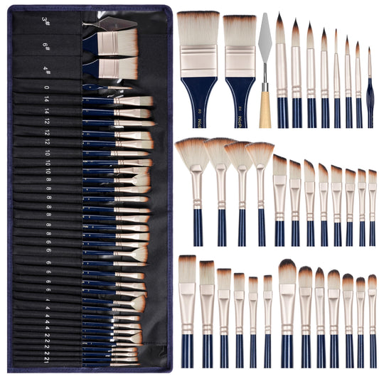 Nicpro 36 PCS Paint Brush Set, 9 Brush Types Professional Acrylic Paint Brushes with Cloth Roll and Gift Box, Suitable for Acrylic Painting, Oil, Watercolor, Gouache, Art Supplies for Artist Beginner