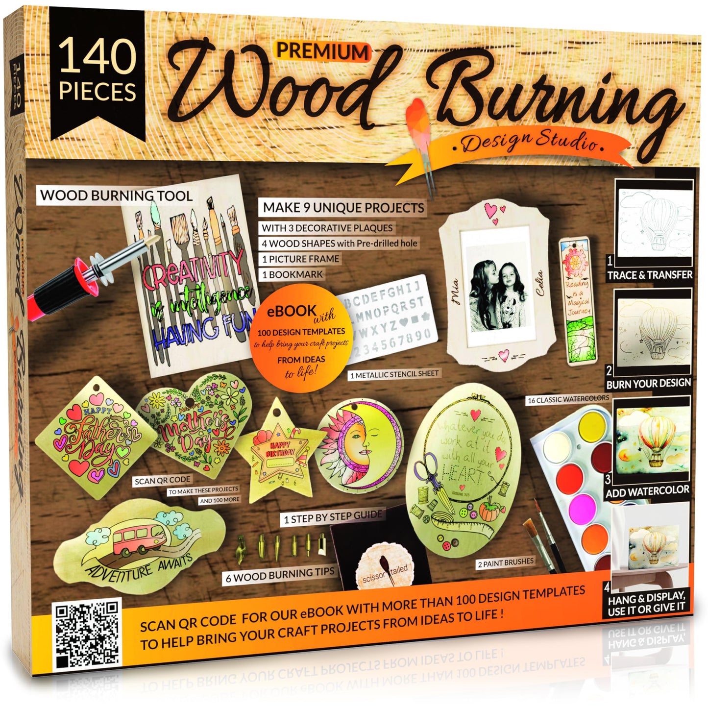 Scissor-Tailed Beginners Wood Burning Kit 140 Pieces. Best Gift Idea for Art & Craft Kit Lovers. Woodburning DIY Hobby Kits with 9 Large Wooden Plaques to Make Unique Wood Burning Projects