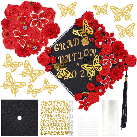 VISSTREE DIY Graduation Cap Decoration, 56 Pcs Cap Decorations for Graduation Kit 2026 DIY Grad Cap Graduation Gift with Red Paper Flowers 3D Glitter Butterfly Custom Number Letter Stickers Decor