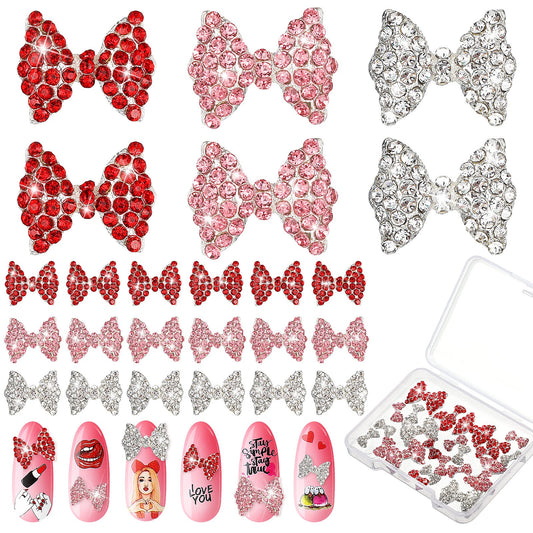 Maitys 24 Pieces Nail Bows Charms Rhinestones 3D Charms Alloy Pearl Bow Knot Accessory for Valentine's Day Women DIY Xmas Salon Jewelry Craft(Red, Gold, Rose Red)