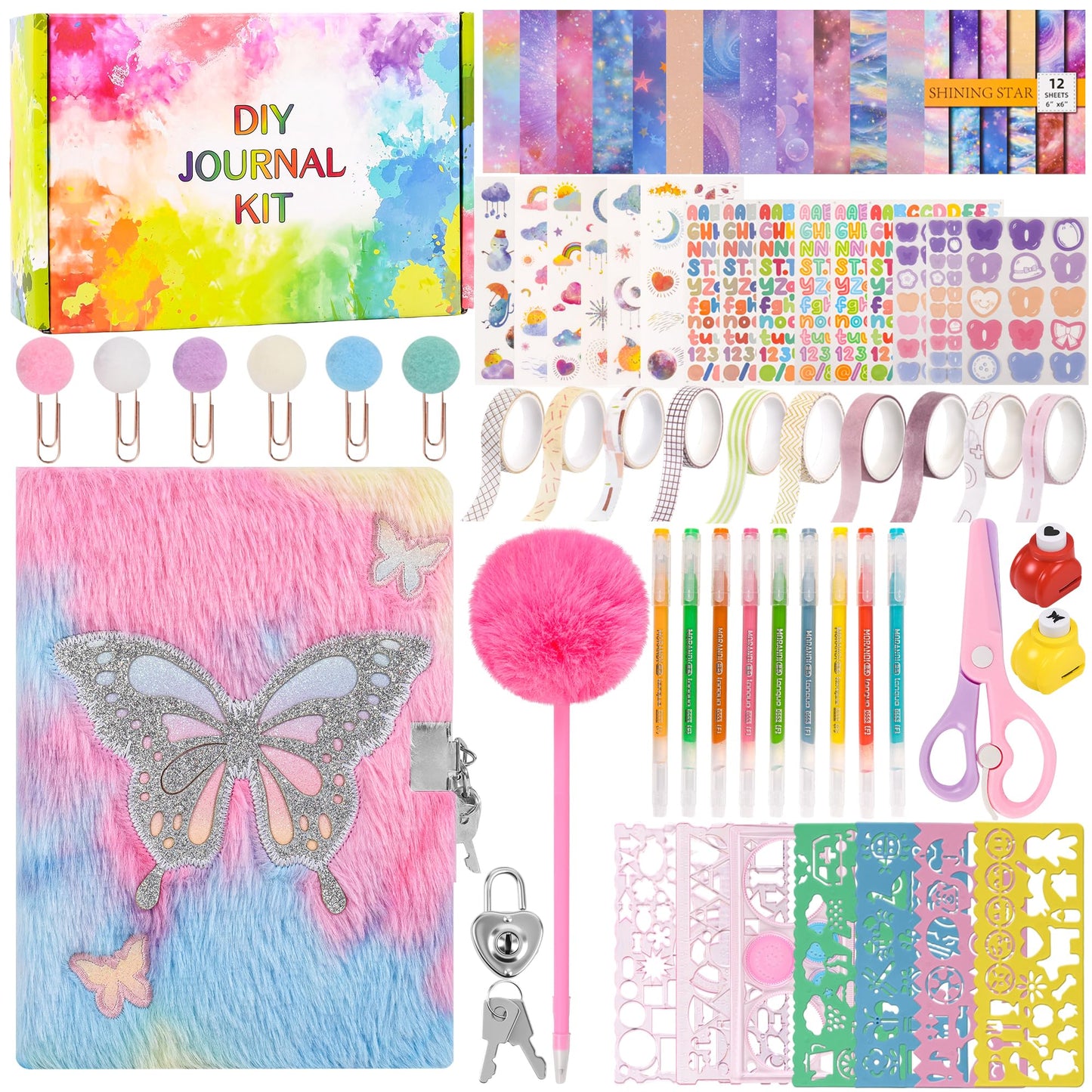 LiYiQ Plush Butterfly Diary Gift Travel Journal Secret Diary with Scrapbook Paper Stickers Journal Stencils Pompom Pen and Washi Tape Practical Set Gift for Birthday Christmas