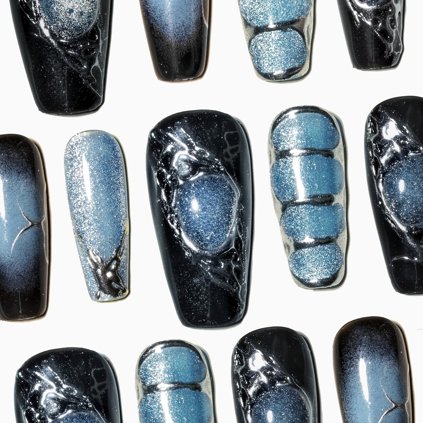 Sun&Beam Nails Handmade Press-on Medium Long Coffin Ballerina Blue Sliver Black Y2K Gradation Design False Nail Tips 10 Pcs (#138 M)