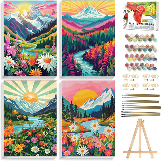 Jethami 4 Pack Paint by Numbers for Adults, Mountains Lake Sunset Landscape DIY Art Kits for Beginners, 8x12 in Framed Canvas for Home Decor
