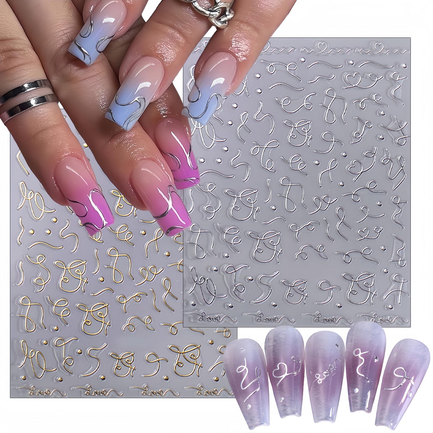8 Sheets French Line Nail Art Stickers 3D Self-Adhesive Exquisite Gold and Silver White Metallic Designs Nail Decals Irregular French Line Nail Supplies for Women and Girls DIY Nail Art Decoration
