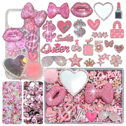 Gehaiwo Pink Junk Case Charms Kit, Junks Phone Cases with Rhinestone Accessories and Full Diamond Bow Lips Dollar Sign Pom Resin Kits Mirror with DIY Phones Decorations