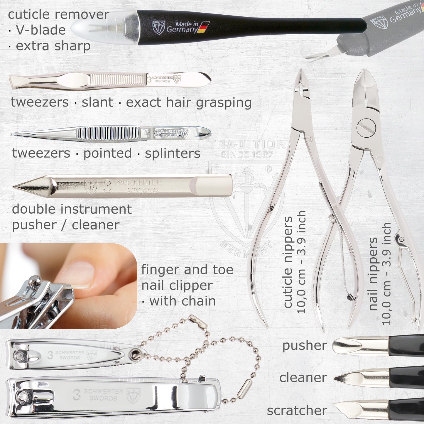 3 Swords Germany - brand quality 16 piece manicure pedicure grooming kit set for professional finger & toe nail care scissors clipper synthetic leather case, Made in Germany