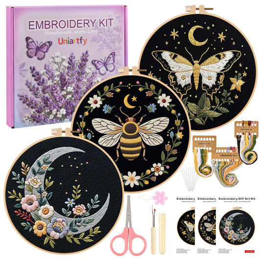 Uniartfy 3 Sets Butterfly Bee Moon Embroidery Kits for Beginners, DIY Cross Stitch Starter Craft Kit for Adults, Needlepoint Kits Including Cloth with Flower Plant Pattern, Hoop, Tools, Instructions