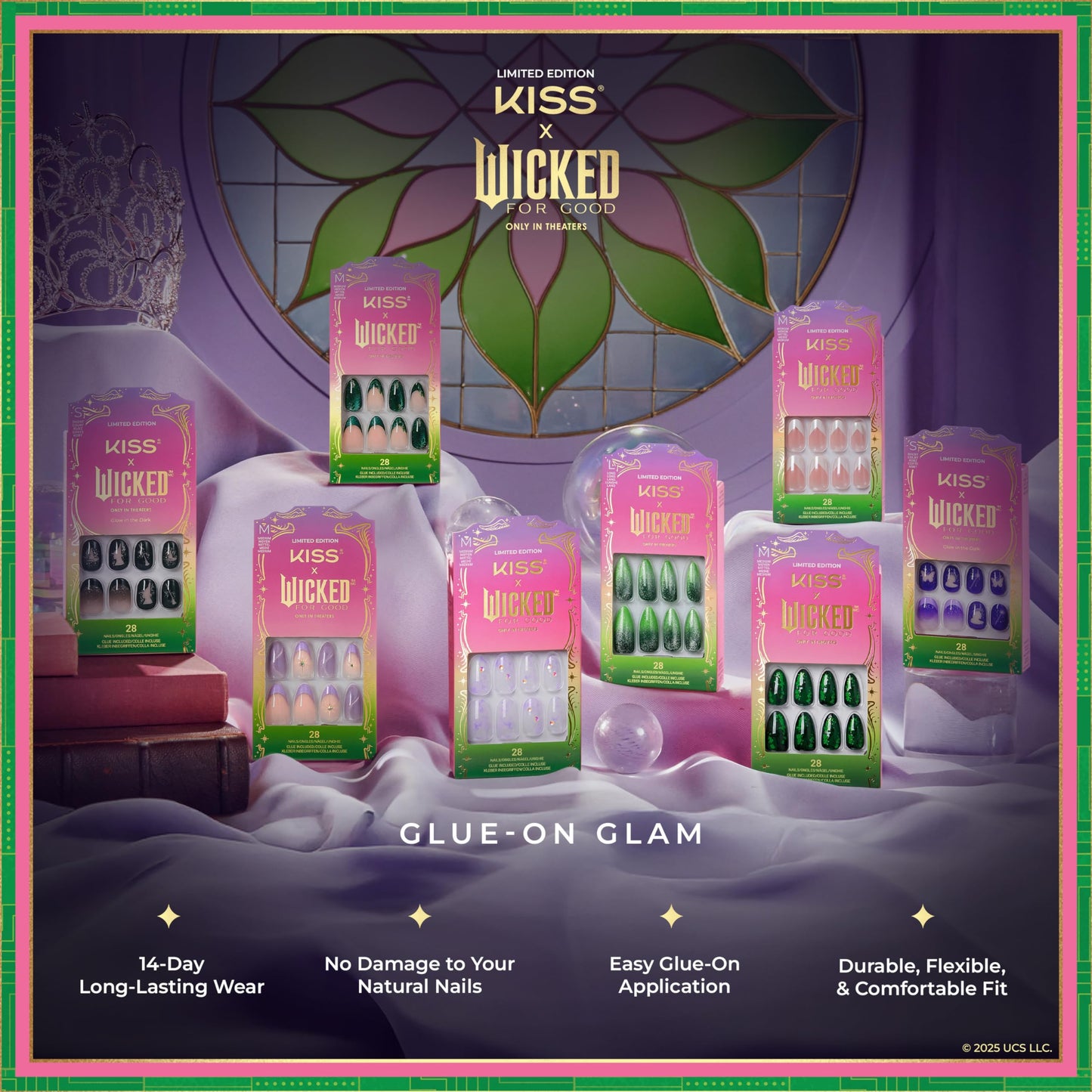 KISS X WICKED: FOR GOOD Press On Nails Almond, ‘Find Your Courage’, Purple, Medium, Waterproof, Chip Proof, Smudge Proof, 28 Fake Nails, Pink Gel Nail Glue (2g), Mini Nail File, & Manicure Stick