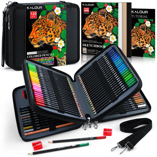 KALOUR 120 Colored Pencils Set with Carry Case, Sketchbook, Blender, Sharpeners & Color Chart, Oil-Based Soft Core,Professional Art Supplies for Adults and Artists