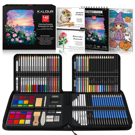 KALOUR 140 Drawing Set Sketching Kit,Art Supplies with 3-color Sketchbook & Coloring Paper,Include Tutorial, Colored, Graphite, Charcoal, Watercolor & Metallic Pencil,for Artists Adults Teens Beginner