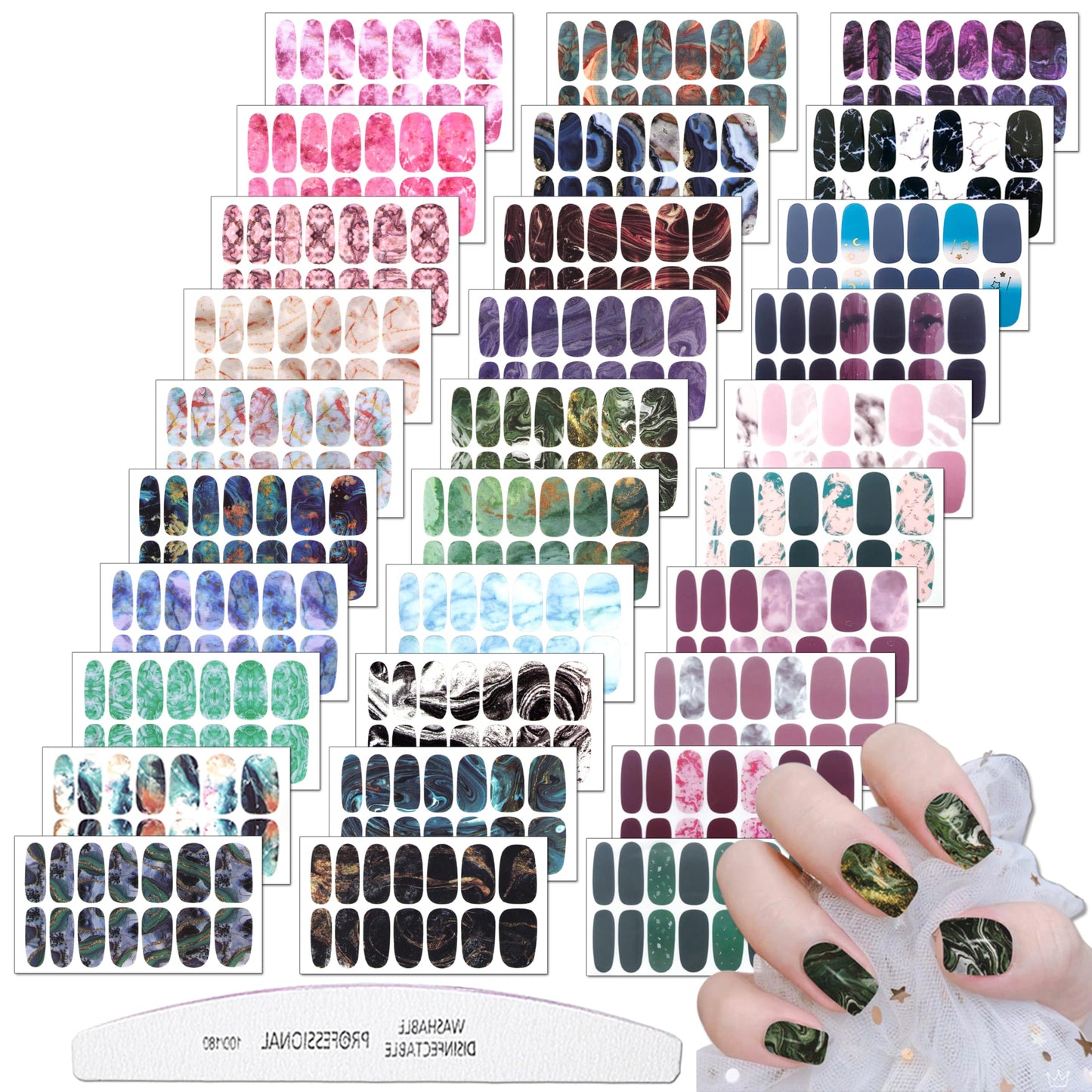 XEAOHESY 30 Sheets Gradient Color Marbled Nail Polish Strips Stickers Self-Adhesive Press On Nail Stickers Full Nail Wraps for Women Nail Art with Nail File