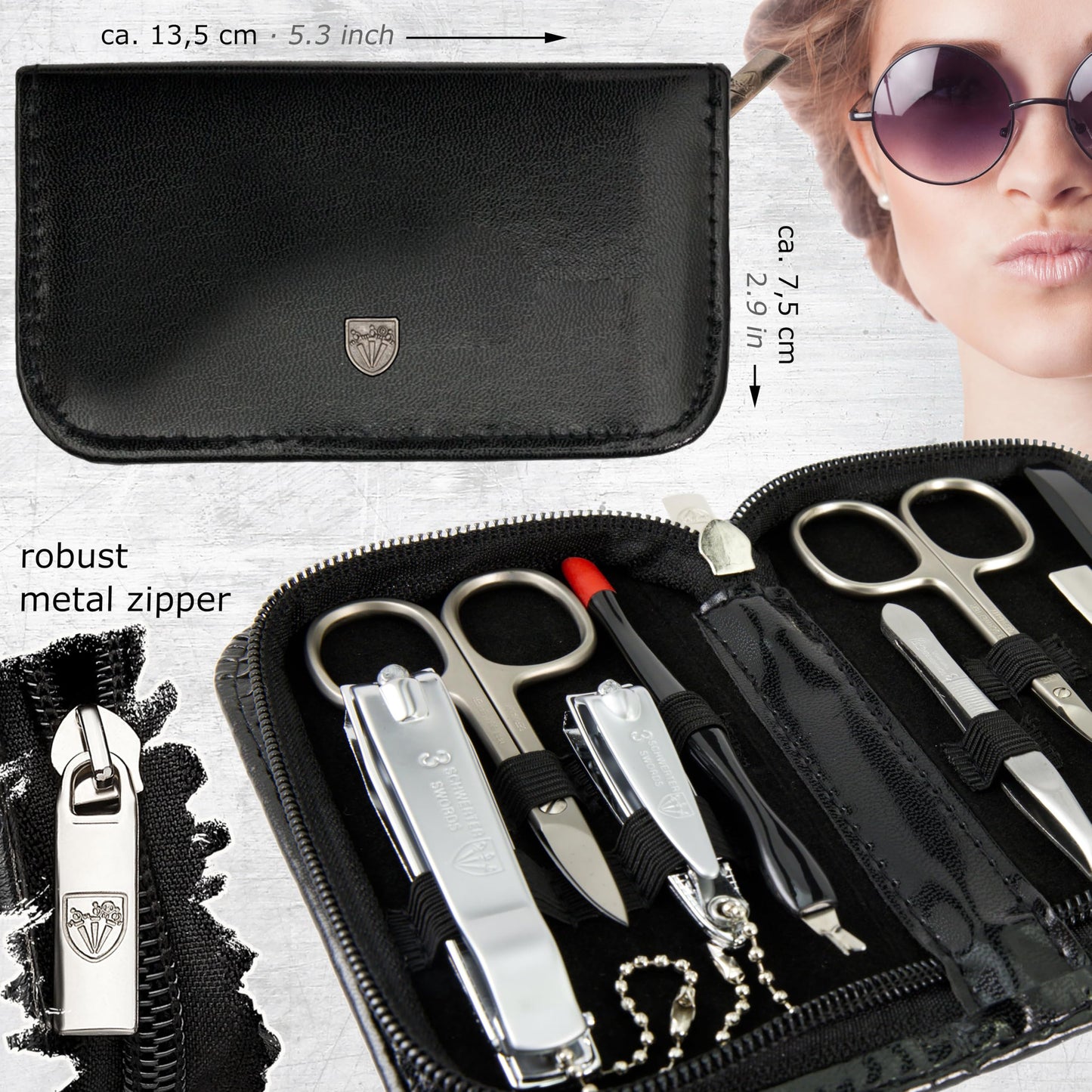 3 Swords Germany – brand quality 8 piece manicure pedicure grooming kit set for professional nail care with synthetic leather case black - Made in Germany