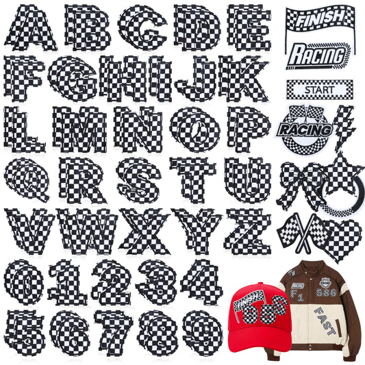 Meneng Letters and Numbers Patches for Racing: 82 Pcs Iron On Checkered Letters with Car Patches - Embroidered Flag Lightning Patch for Jacket Hat Customization