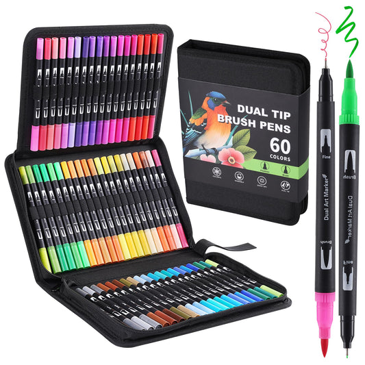 nauets 60 Colors Brush & Fine Dual Tip Watercolor Markers for Adult Coloring Books No Bleeding Professional Paint Pens For Drawing Note taking Planner Calligraphy Journaling Card Making Art Supplies