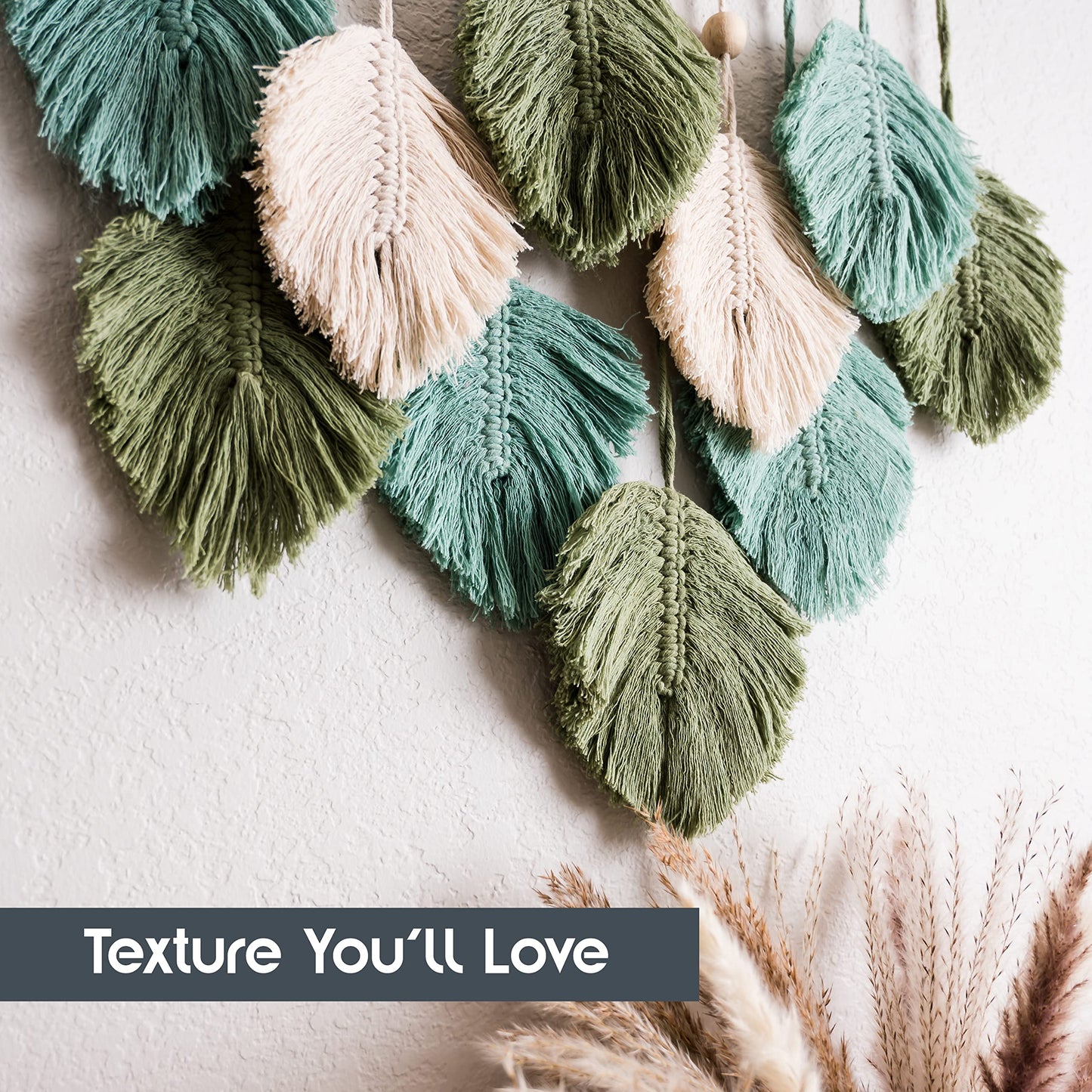 SnugLife Macrame Wall Hanging Leaves - Large Chic Feather Boho Decor, Handmade Yarn Woven Art Leaf Tapestry for Nursery, Bedroom, Living Room, 17 X 22 Inch (Green, Sage Green & Beige)
