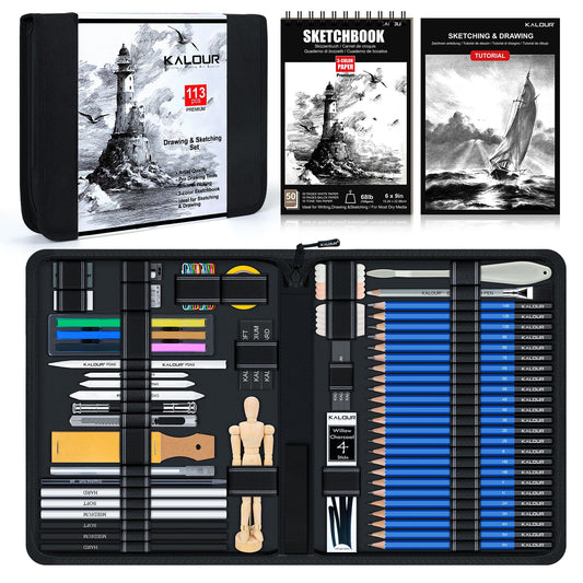 KALOUR 113PCS Drawing Set, Professional Sketching Kit with 3-Color Sketchbook,Graphite & Charcoal Pencils, Wooden Mannequin, Art Tools in Zipper Case, Art Supplies for Beginners & Artists Gift