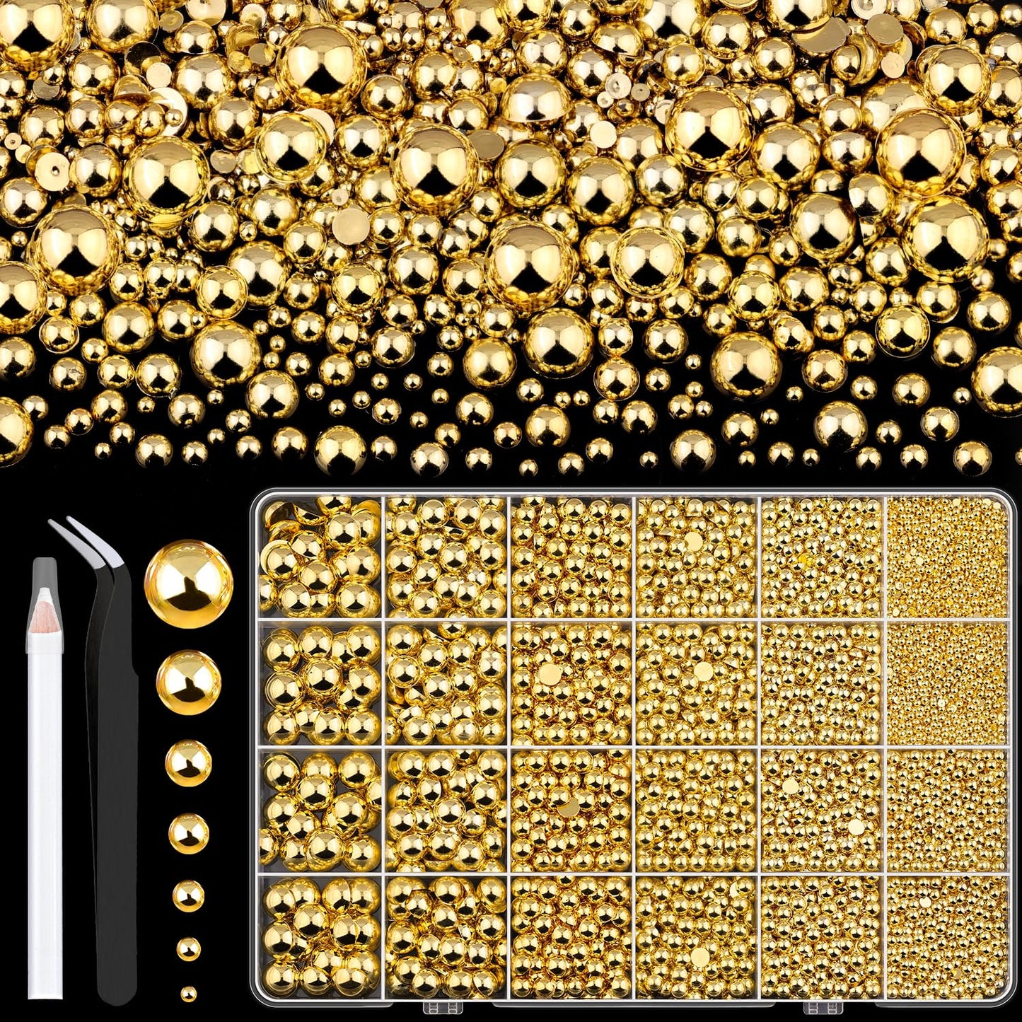 11000Pcs Flatback Pearls for Crafting (Gold), Assorted Size 2/3/4/5/6/8/10mm Non Hotfix Half Pearl, Bedazzling Bead for DIY Crafts Clothing Tumblers Mugs Shoes Fabric Embellishment Nail Art Makeup