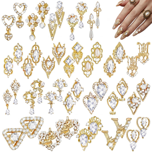Maitys 52 Pcs Gold Nail Charms Gems Rhinestone Luxury 3D Sparkling Crystal Pendant Bulk for Women Y2k Kawaii Acrylic Nail Tips Accessories DIY Craft Jewelry Making Junk Case Decoration