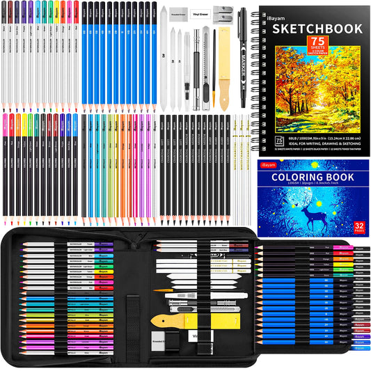 iBayam 78-Pack Drawing Set Sketching Kit Art Supplies for Adult, Christmas Gifts for Adult, with 3-Color Sketchbook, Coloring Book, Colored, Graphite, Charcoal, Watercolor & Metallic Pencil