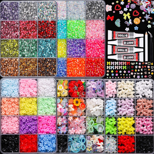 LERBOU Bedazzling Kit – 5 Boxes 3D Nail Art Accessories: Multi-Colored Resin Rhinestones 24 Colors, Resin Flowers, Bowknot & Mixed Nail Decorations, 12-Grid Storage, DIY for Manicure & Nail Art